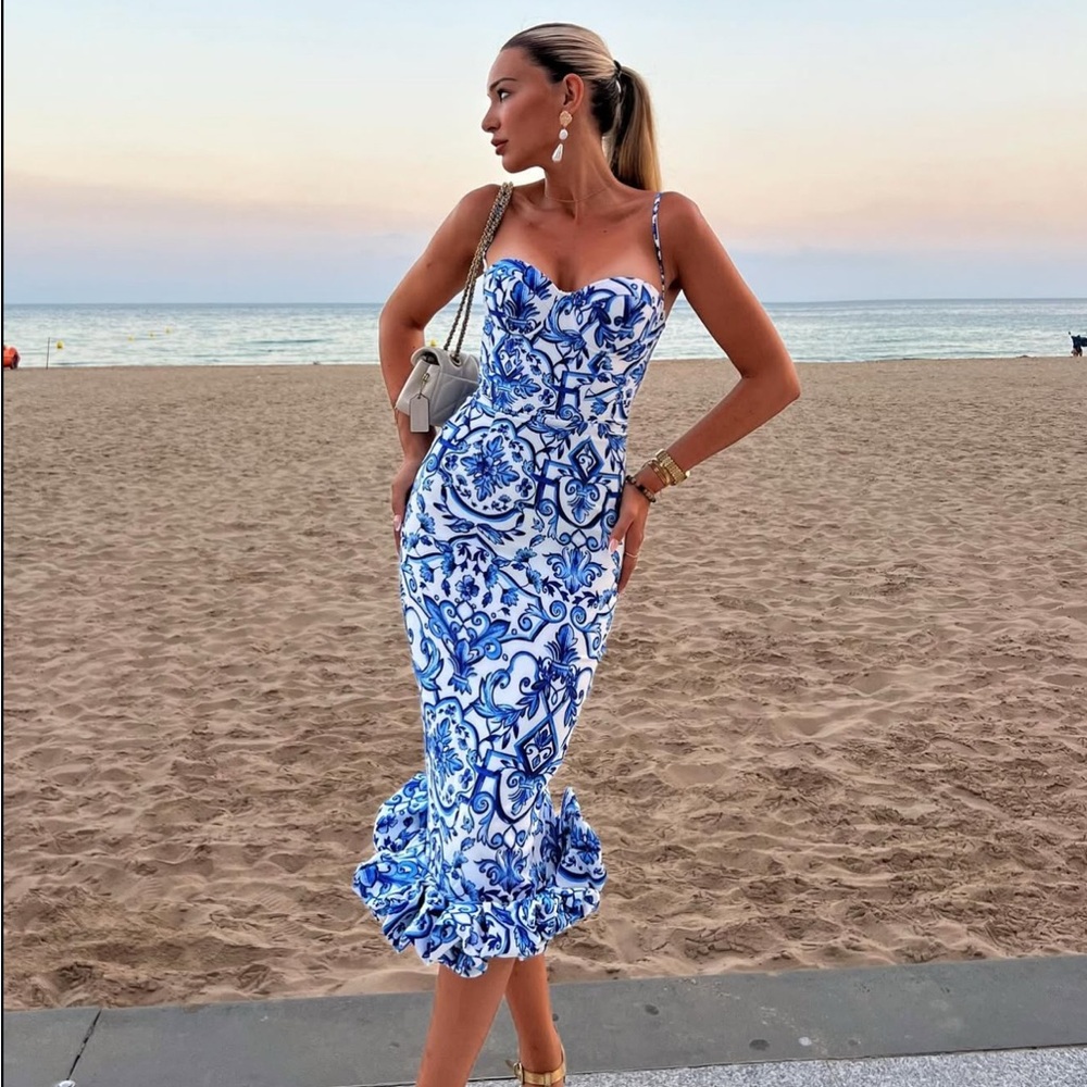 Blue and White Patterned Dress Club L London